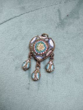 Vintage Micro Mosaic Dangle Pendant in Turquoise, Pastel Pink & White